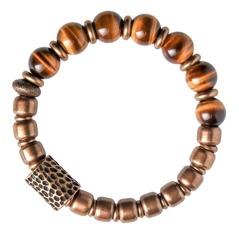 Gold Tiger Eye Hammered Brass Charm Bracelet